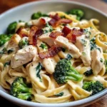 Chicken, Bacon & Spinach Alfredo Fettuccine with Broccoli