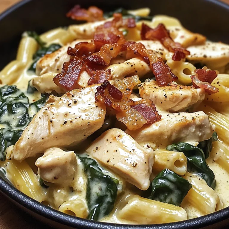 Creamy Chicken, Bacon & Spinach Pasta in Cheesy Garlic Sauce