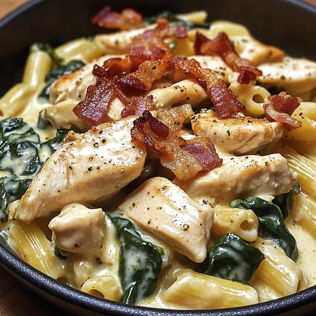 Creamy Chicken, Bacon & Spinach Pasta in Cheesy Garlic Sauce