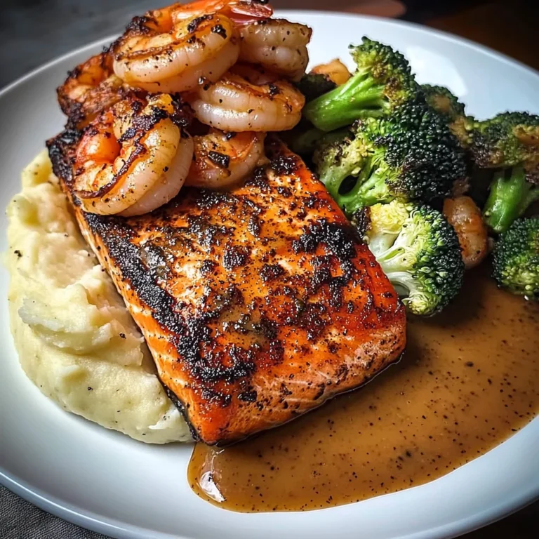 Cajun Salmon with Garlic Mashed Potatoes & Shrimp-Broccoli Saut