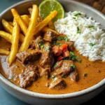 Coconut-Infused Beef Curry with Fries and Rice