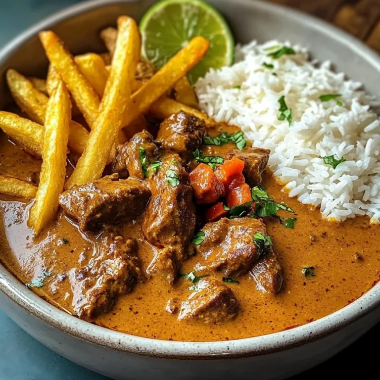 Coconut-Infused Beef Curry with Fries and Rice