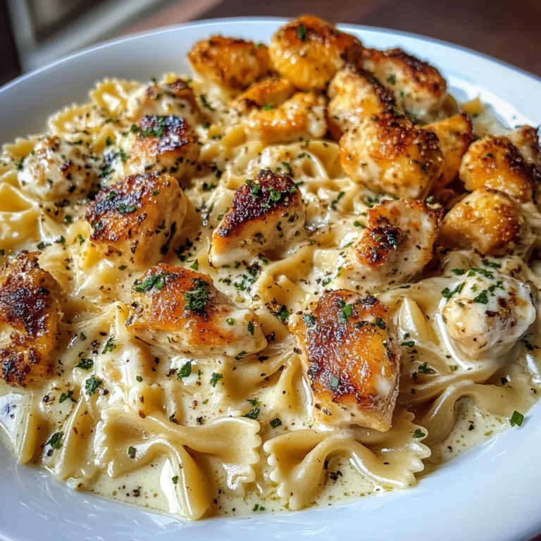 Creamy Alfredo Bowtie Pasta with Garlic Chicken Bites