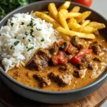 Creamy Coconut Curry Beef with Rice and Fries