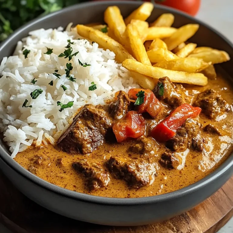 Creamy Coconut Curry Beef with Rice and Fries