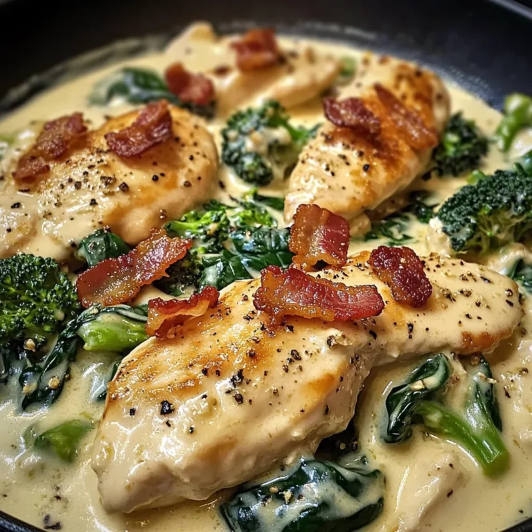 Creamy Garlic Butter Chicken Alfredo with Crispy Bacon, Spinach & Broccoli