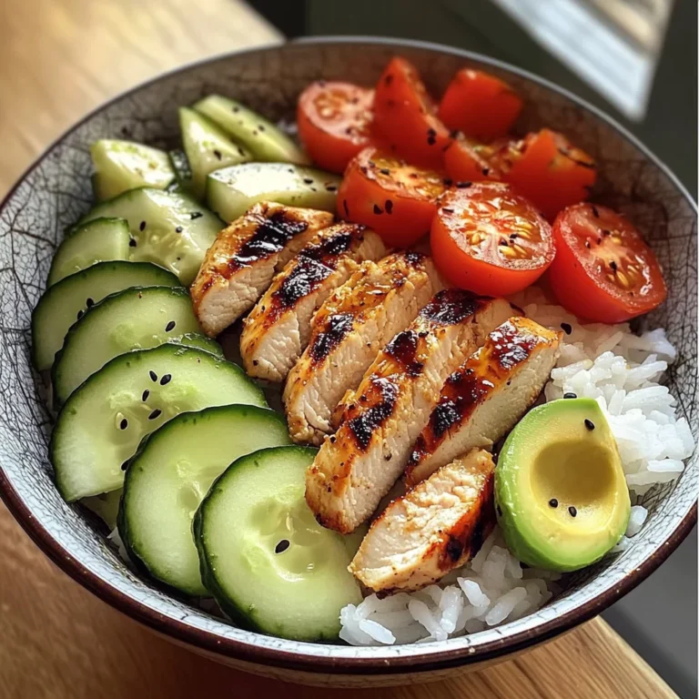 Grilled Chicken Rice Bowl with Avocado, Cucumber & Cherry Tomatoes