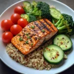 Grilled Salmon Power Plate with Quinoa & Steamed Veggies