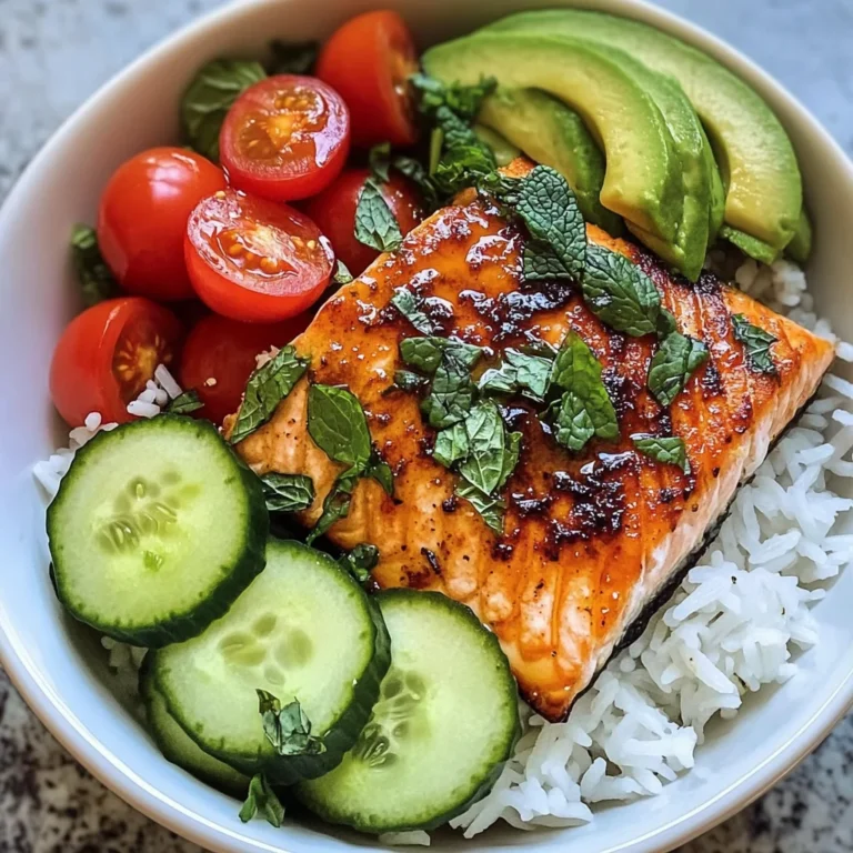 Honey-Glazed Salmon Bowl with Rice, Avocado, Cucumber & Tomato Herb Salad