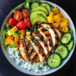 Rainbow Grilled Chicken Rice Bowl with Avocado & Crunchy Salad