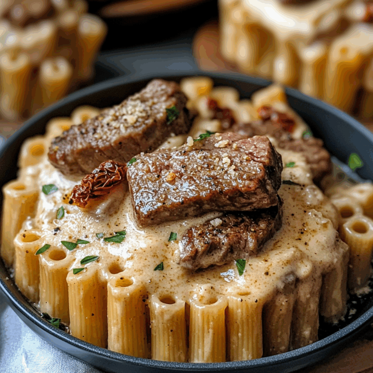 Garlic Butter Steak Tips with Cheesy Rigatoni
