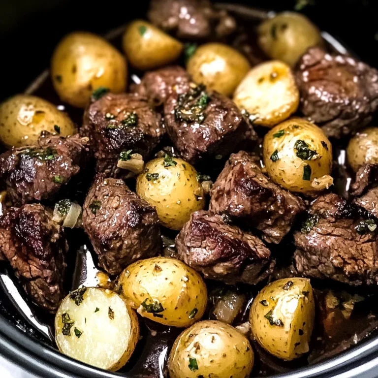 crockpot garlic butter beef bites with potatoes